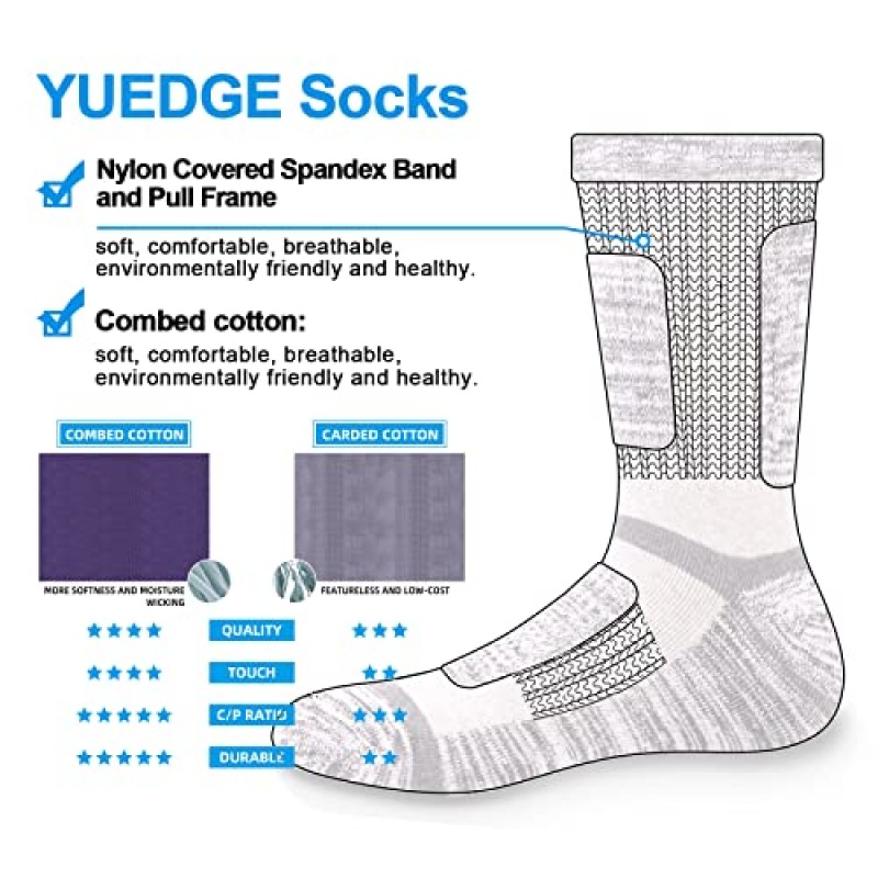 YUEDGE 남성용 퍼포먼스 코튼 모이스처 윅 스포츠 하이킹 운동 훈련 운동 쿠션 크루 양말 남성용 사이즈 6-13