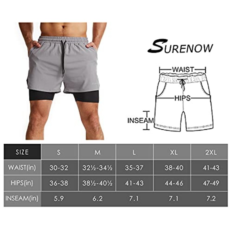 Surenow 남성용 2 in 1 런닝 반바지 라이너가 있는 빠른 건조 운동용 반바지, 지퍼 포켓과 수건 루프가 있는 운동용 반바지