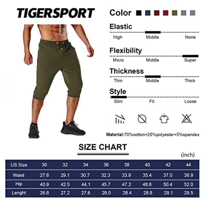 Tigerspot 남성용 3/4 카프리 반바지 체육관 운동 운동 지퍼 포켓이 있는 무릎 바지 아래 남성용 긴 반바지