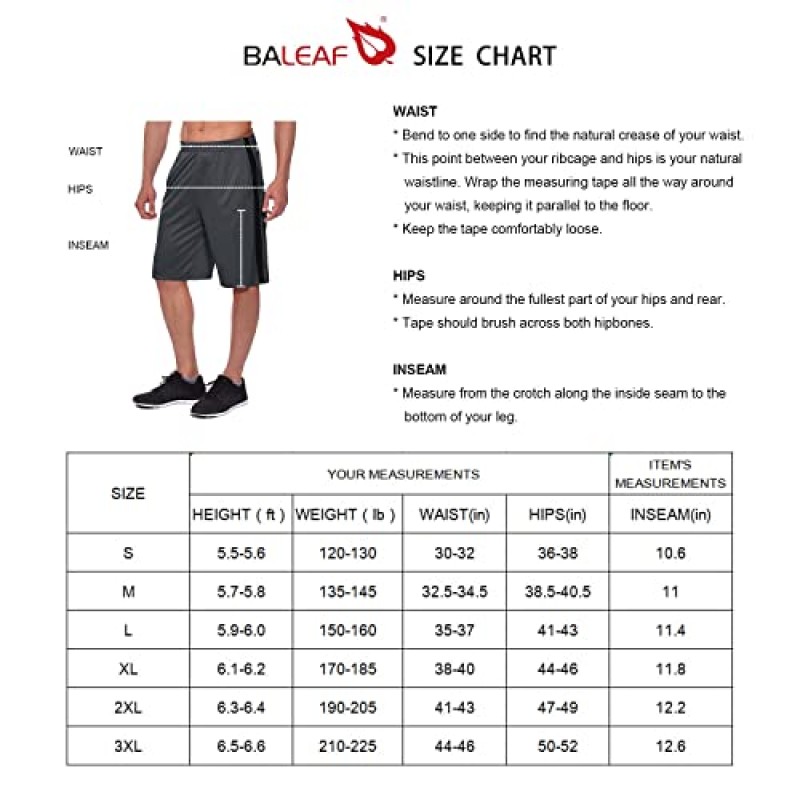 BALEAF 남성용 농구 반바지 지퍼 포켓이 있는 긴 빠른 건조 운동 트레이닝 드로스트링 11