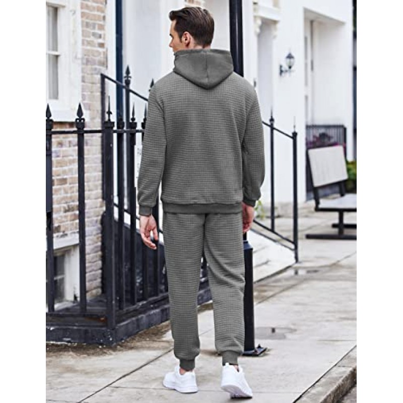 COOFANDY 남성용 운동복 세트 2 피스 복장 후드 운동 Tracksuit 격자 무늬 자카드 조깅 슈트 세트