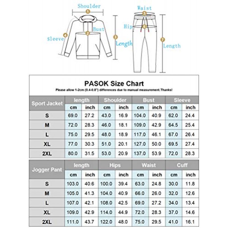 PASOK 남성용 트랙수트 2피스 세트 복장 풀 지퍼 조깅 스웨트 슈트 액티브웨어 스포츠 슈트