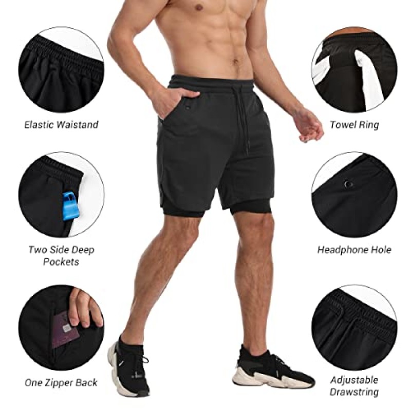 KLINNFENR Mens 2 in 1 체육관 러닝 반바지 남성용 7 인치 운동 ​​운동복 지퍼 포켓이있는 빠른 건조 반바지