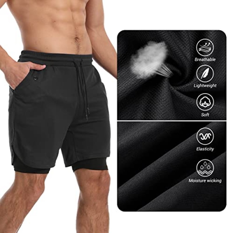 KLINNFENR Mens 2 in 1 체육관 러닝 반바지 남성용 7 인치 운동 ​​운동복 지퍼 포켓이있는 빠른 건조 반바지