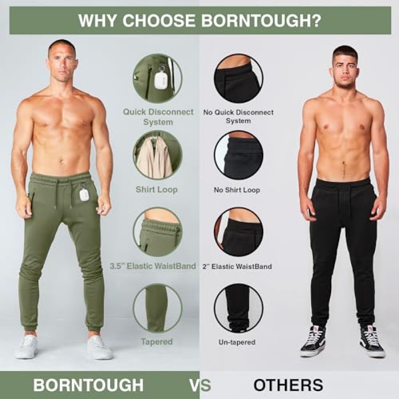 Born Tough 남성용 운동 조깅 바지, 슬림핏 운동용 보디빌딩 체육관 조깅 바지, 지퍼 포켓이 있는 테이퍼드 런닝 스웨트팬츠