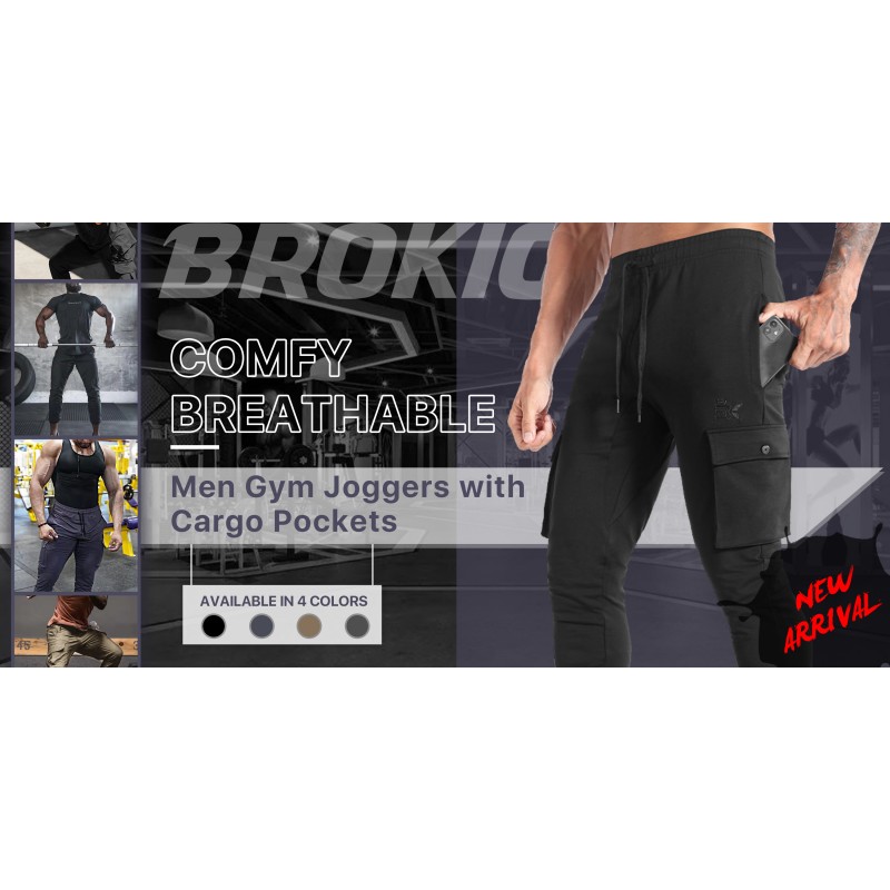 BROKIG 남성용 카고 체육관 조깅 바지, 주머니가 있는 남성용 운동용 운동복 스웨트팬츠