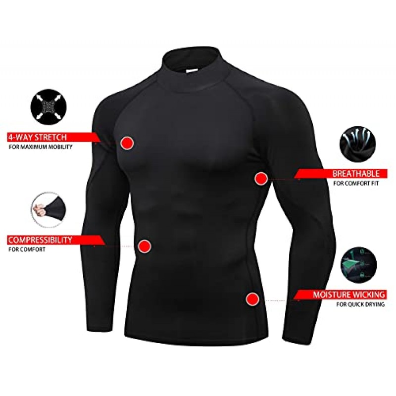 남성 2 팩 모의 터틀넥 압축 셔츠 긴 소매 스포츠 언더 셔츠 Wicking Athletic Baselayer 러닝 티셔츠