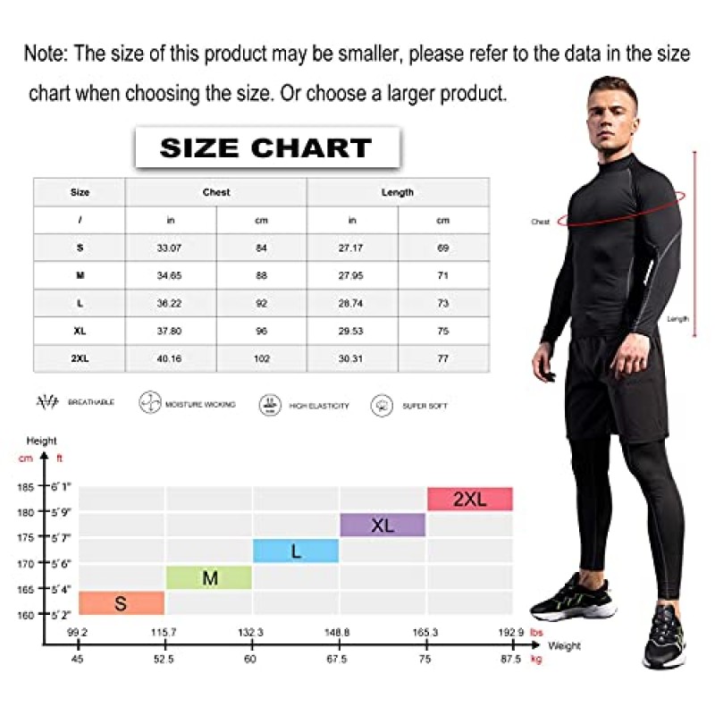 남성 2 팩 모의 터틀넥 압축 셔츠 긴 소매 스포츠 언더 셔츠 Wicking Athletic Baselayer 러닝 티셔츠