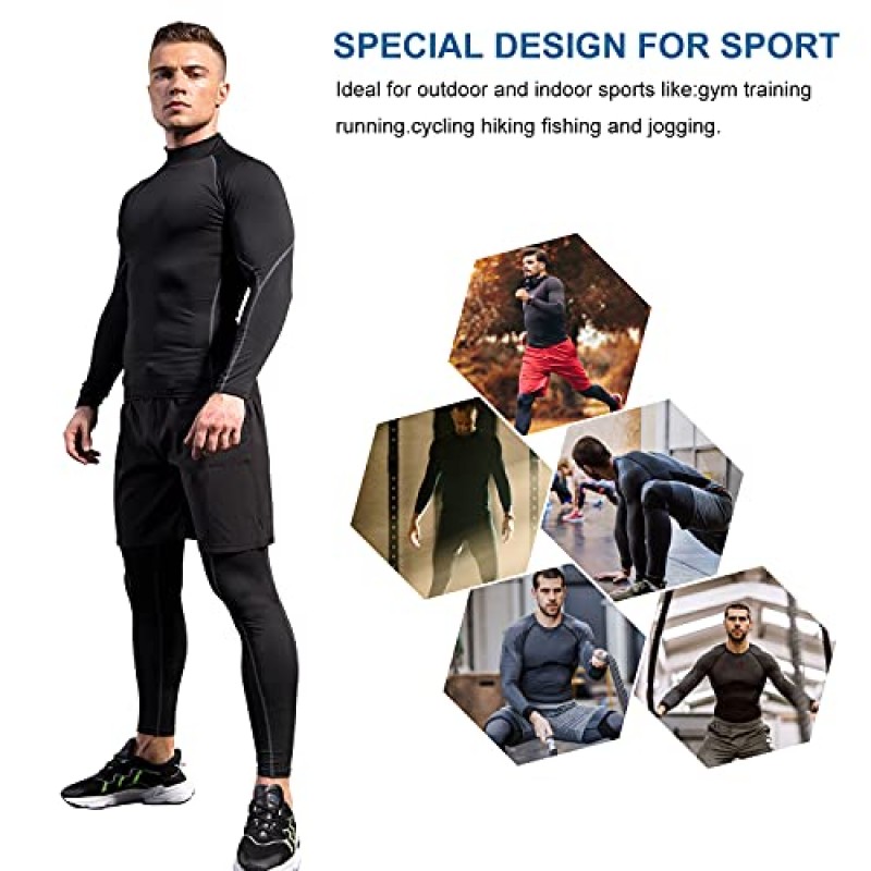 남성 2 팩 모의 터틀넥 압축 셔츠 긴 소매 스포츠 언더 셔츠 Wicking Athletic Baselayer 러닝 티셔츠