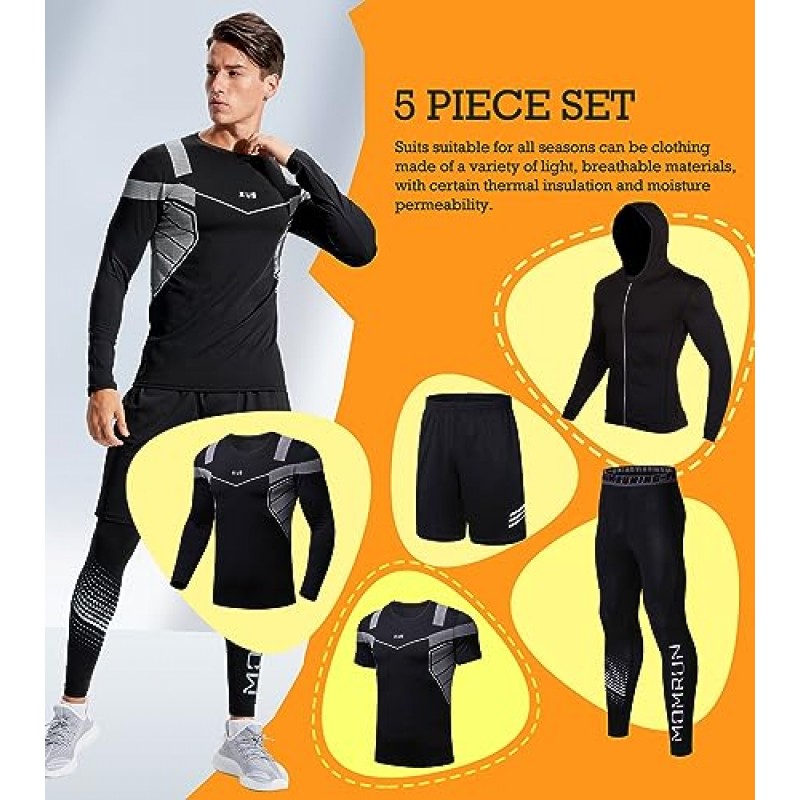 운동 세트 압축 셔츠 바지 재킷 야외 스포츠 체육관 의류 남성용 5PCS