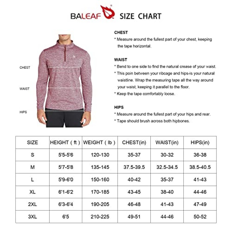 BALEAF 남성용 1/4 지퍼 풀오버 ​​러닝 셔츠 긴팔 탑 골프 추운 날씨를 위한 백 포켓