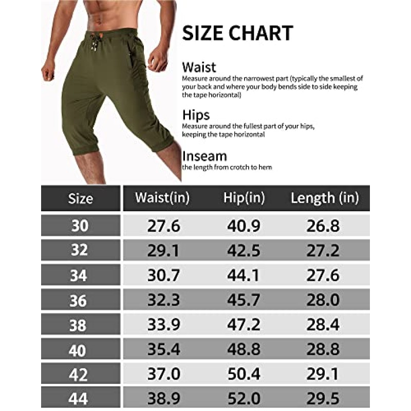 LEPOAR 남성용 3/4 조깅 카프리 바지 반바지 편안한 운동 훈련 러닝 무릎 길이 Drawstring 허리 지퍼 포켓