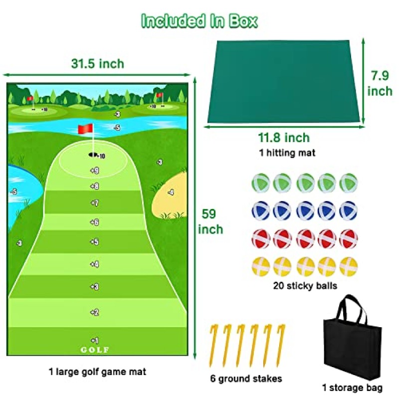 Dollox 골프 치핑 게임 훈련 매트 골프 타격 매트 실내 골프 게임 스포츠 야외 골프 연습 매트 성인용 키트 어린이 가족 놀이 장난감 야외 놀이 장비, 스틱 골프 공 20개(클럽 없음)