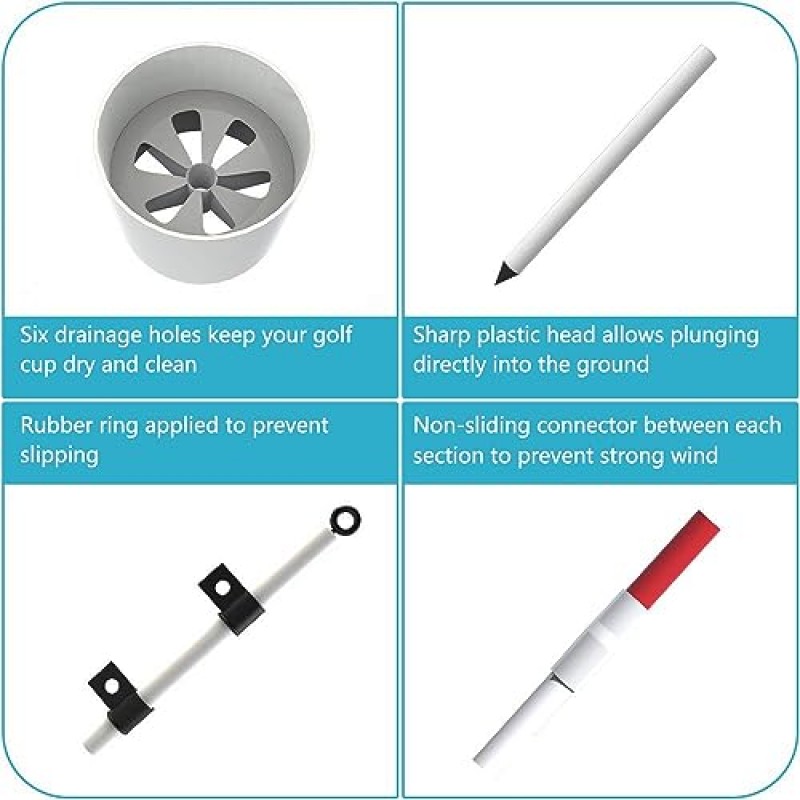 THIODOON 2 팩 골프 깃대 6피트 골프 플래그 및 야드 프로용 컵 분리형 골프 홀 컵 및 드라이빙 레인지 뒷마당용 플래그 커넥터가 있는 방청 유리 섬유 5섹션 디자인 업그레이드