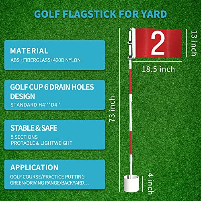 THIODOON 2 팩 골프 깃대 6피트 골프 플래그 및 야드 프로용 컵 분리형 골프 홀 컵 및 드라이빙 레인지 뒷마당용 플래그 커넥터가 있는 방청 유리 섬유 5섹션 디자인 업그레이드