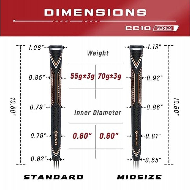 SAPLIZE 고무 골프 그립(CC10) - 13개 세트, 혁신적인 디자인, 높은 피드백, 미끄럼 방지 디자인, 5가지 색상 옵션, 표준/중형, 남성용 고무 골프 클럽 그립