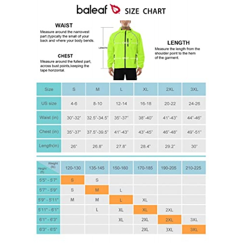 BALEAF 남성용 레인 재킷 방수 윈드 브레이커 러닝 사이클링 골프 하이킹 기어 후드 경량 반사 포장 가능