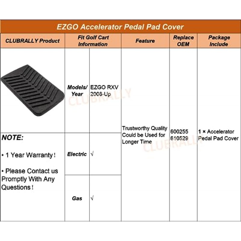 CLUBRALLY 골프 카트 가속 페달 패드 커버 610529 EZGO RXV 가스 및 전기 2008-Up에 적합