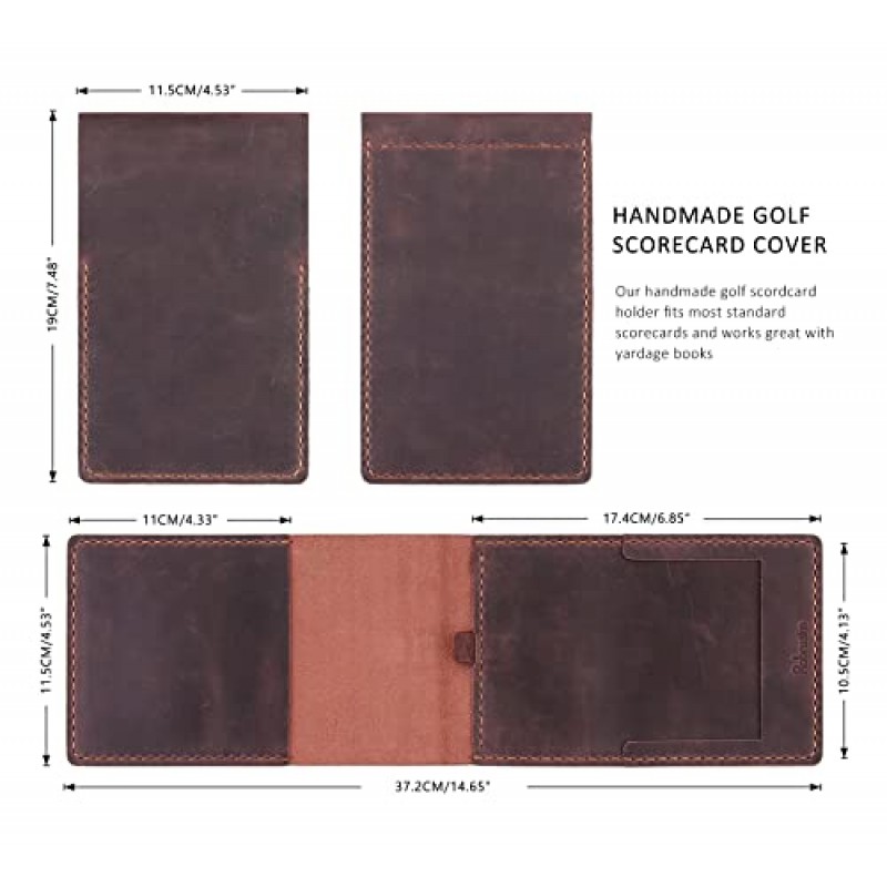 Robrasim 수제 가죽 야드북 커버, 연필 루프가 내장된 가죽 골프 스코어카드 홀더