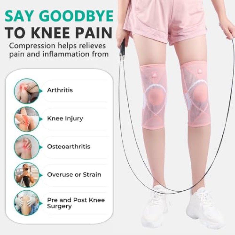 QIOCKTO 2 팩 무릎 통증을 위한 무릎 교정기 여성과 남성을 위한 무릎 통증 세트, 무릎 교정기 압축 슬리브, 반월상 연골 파열, ACL, 관절염, 무릎 통증 반월판 파열을 위한 무릎 지원. (미디엄, 핑크)