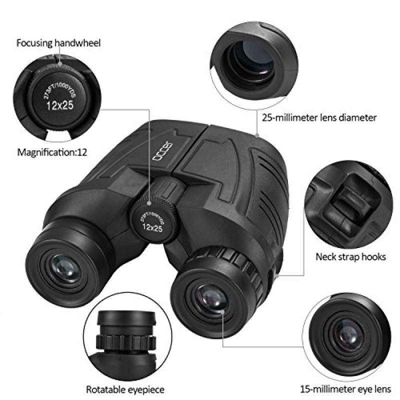 occer 12x25 선명한 저조도 시야를 갖춘 소형 쌍안경, 성인용 대형 접안렌즈 방수 쌍안경, 조류 관찰, 야외 사냥, 여행, 관광을 위한 고출력 간편한 초점 쌍안경