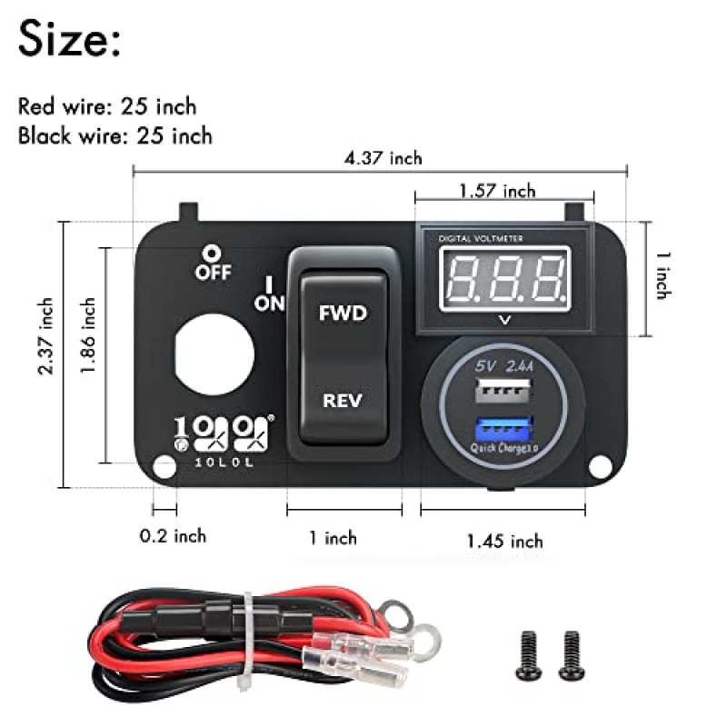 10L0L 골프 카트 3 in 1 다기능 통합 패널, 12V 3.0 고속 충전 듀얼 USB 충전기 소켓 및 LED 디지털 전압계 및 정방향 역방향 스위치 버튼, EZGO TXT PDS 골프 모델에 적합