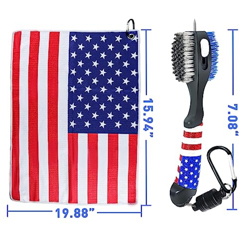 골프 클럽 브러시 및 Amercian Flag 골프 타월, 골프 그루브 클리너 청소 키트, 골프 클럽 또는 가방에 강력한 자석 스틱이 있는 골프 액세서리 클리너 도구