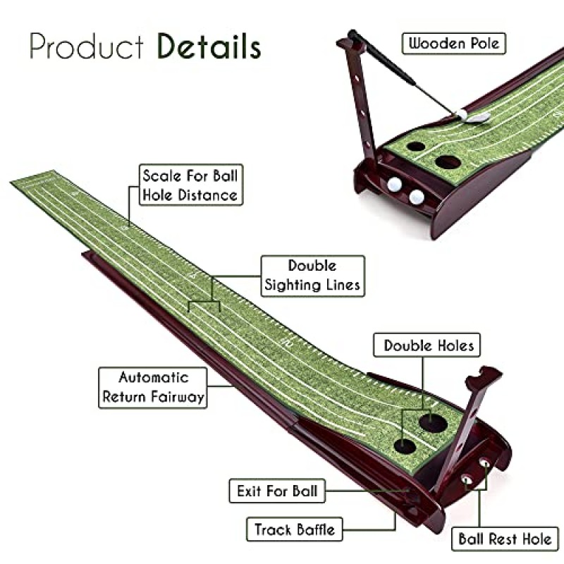 실내 및 실외 연습용 골프 퍼팅 그린 매트 – 자동 볼 리턴 및 배플 포함 미니 골프 코스 – 내구성이 뛰어난 원목 베이스가 있는 벨벳 크리스탈 매트 – 골프 애호가 및 매니아용
