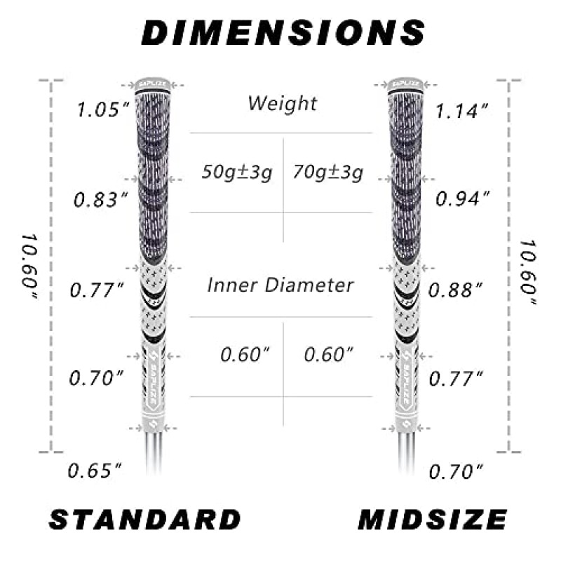 SAPLIZE 하이브리드 골프 그립(CL03) - 13개 세트, 로우 테이퍼 디자인, 크로스 코드 고무 기술, 6가지 색상 옵션, 표준/중형, 선택 가능한 업그레이드/디럭스 키트, 멀티컴파운드 골프 클럽 그립