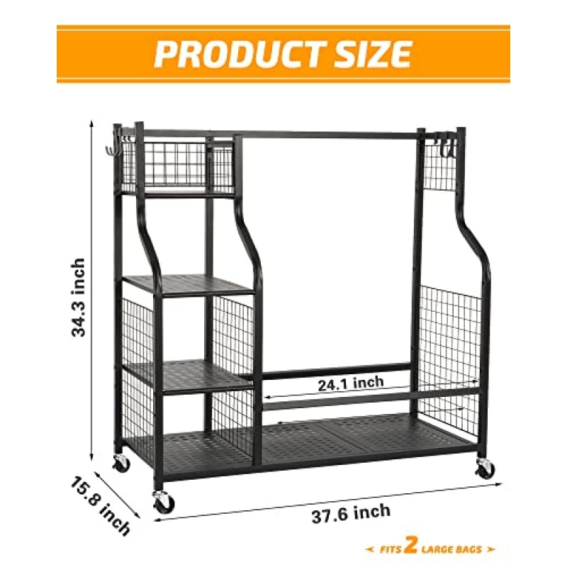 PLKOW 골프 가방 보관 차고 주최자, 차고, 창고, 지하실용 초대형 골프 가방 보관 스탠드 및 골프 장비 랙