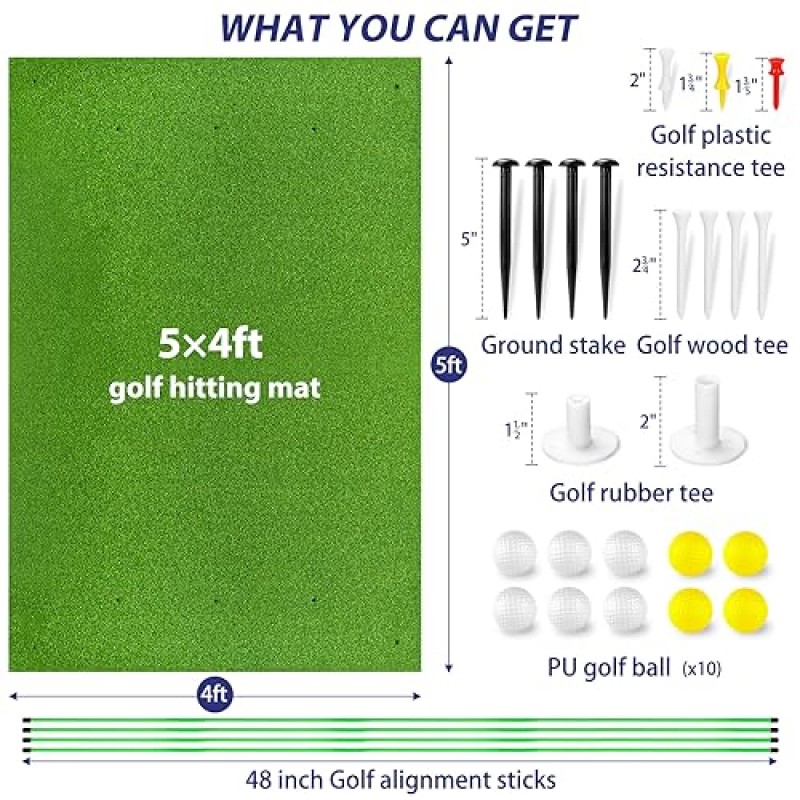 Eapele 골프 매트, 두꺼운 27mm 골프 타격 매트 연습 정렬 스틱이 있는 야외 실내 골프 잔디 연습 매트 골프 공 골프 티, 뒤뜰 및 차고에서 골프 훈련을 위한 5×4ft 골프 스윙 매트