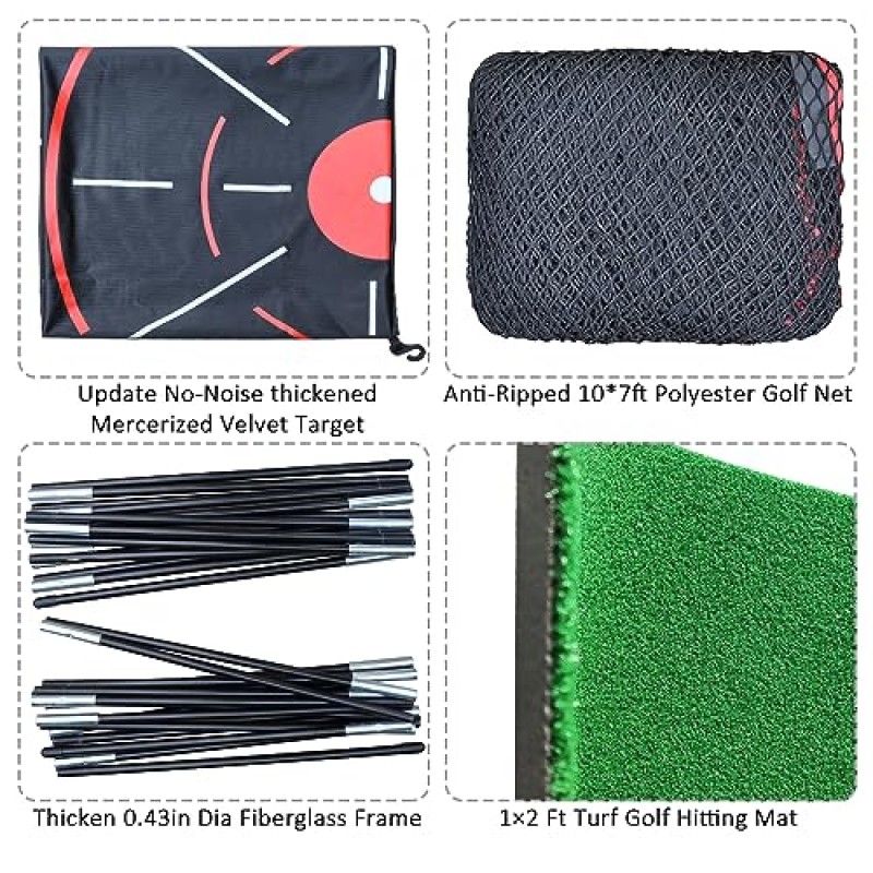실제 골프 공을 위한 찢어짐 방지 골프 네트, 뒷마당 운전을 위한 골프 네트, 무소음 타겟 16개 폼 볼이 있는 헤비듀티 폴리에스테르 골프 연습 네트, 10×7ft 자외선 방지 골프 네트