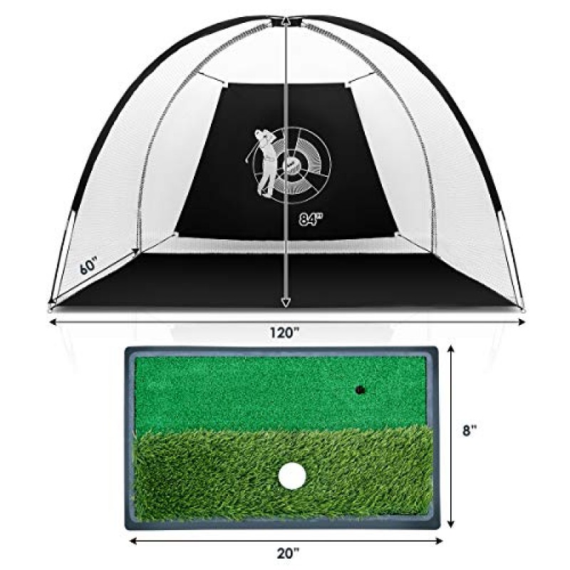 Tangkula 10FT 골프 연습 네트(잔디 매트 및 24개의 골프 공 포함), 타격 케이지 치핑용 타겟이 있는 실내 실외 골프 훈련 네트, 스테이크 4개 및 휴대용 가방이 있는 골프 훈련 네트
