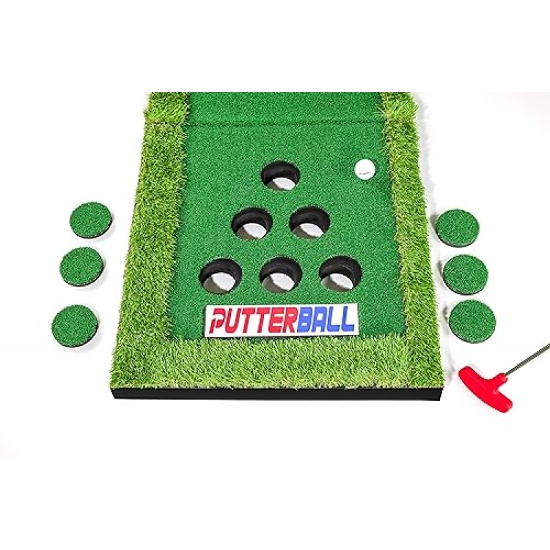 PutterBall 프리미엄 골프 탁구 게임 세트 오리지널 - 퍼터 2개, 골프 공 2개, 그린 퍼팅 탁구 골프 매트 및 골프 홀 커버 포함 - 최고의 뒷마당 파티 골프 게임 세트