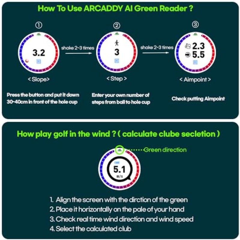 ARCADDY 디지털 골프 퍼팅 그린 리더-휴대용 퍼팅 조준점 브레이크 포인트 보조-실시간 풍속 방향 표시