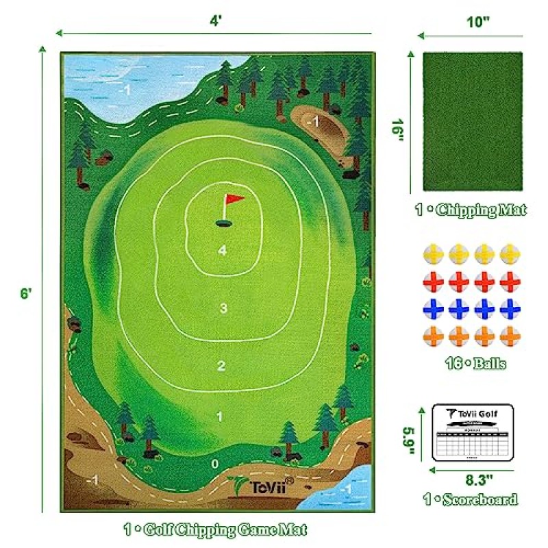 ToVii 골프 치핑 게임 - 성인을 위한 실내 야외 골프 게임, 치핑 매트와 16개의 그립 볼이 포함된 대형 골프 치핑 게임 매트, 집 뒤뜰 사무실용 골프 게임(12세 이상 권장)