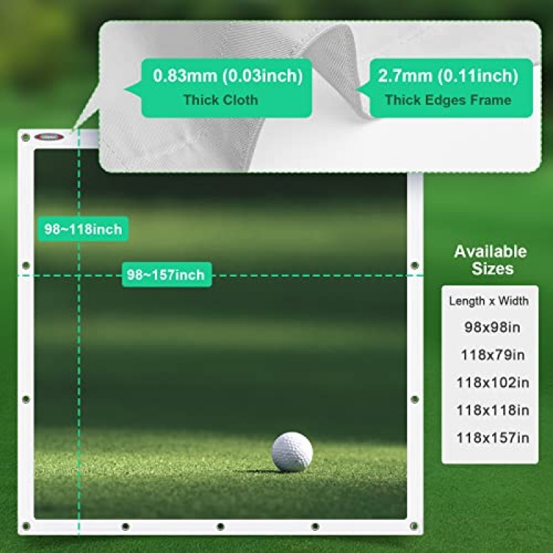 aikeec 골프 시뮬레이터 임팩트 스크린 디스플레이 프로젝터 스크린, 골프 훈련용, 실내 울트라 클리어 골프 임팩트 스크린, 14개 그로밋 구멍, 16개 볼 번지 코드, 5가지 크기 제공