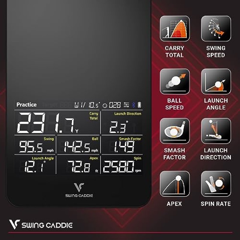 Swing Caddy SC4 스마트폰이나 태블릿을 통한 Bluetooth 연결 기능을 갖춘 실내 및 실외용 휴대용 골프 시뮬레이터 및 골프 발사 모니터 - 배터리 수명 10시간