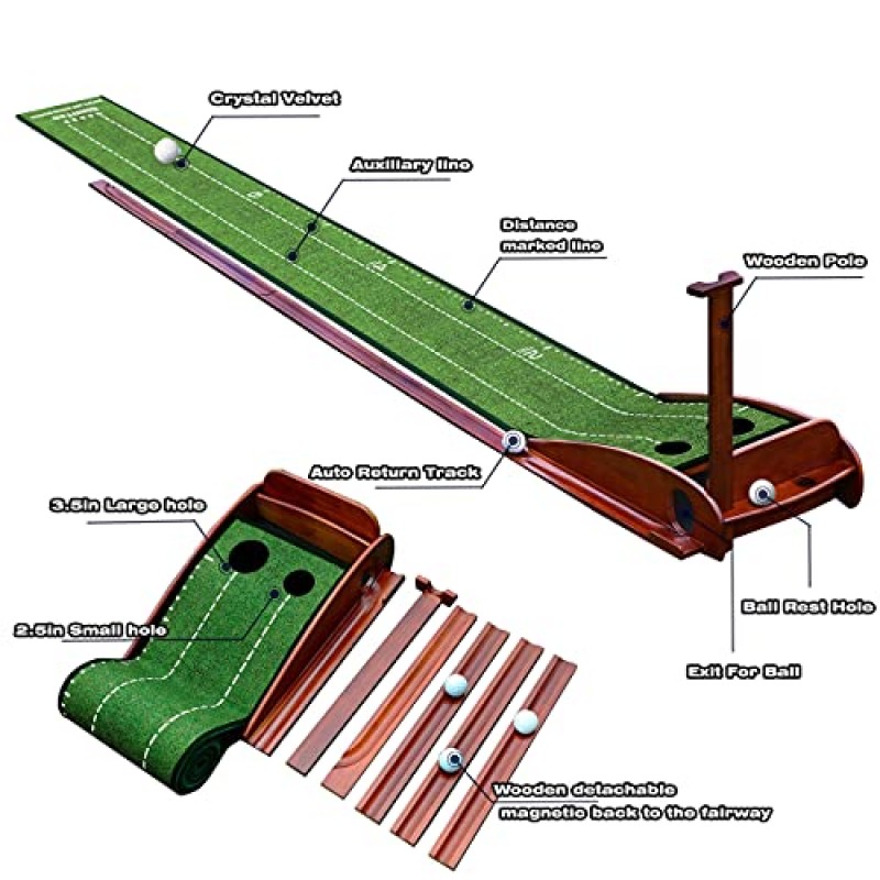 골프 퍼팅 매트 녹색 실내 및 실외 자동 볼 리턴, 가정, 사무실, 뒷마당 실내 골프 및 실외 사용을 위한 게임 연습 골프 선물, 크리스탈 벨벳 매트 및 단단한 나무 베이스