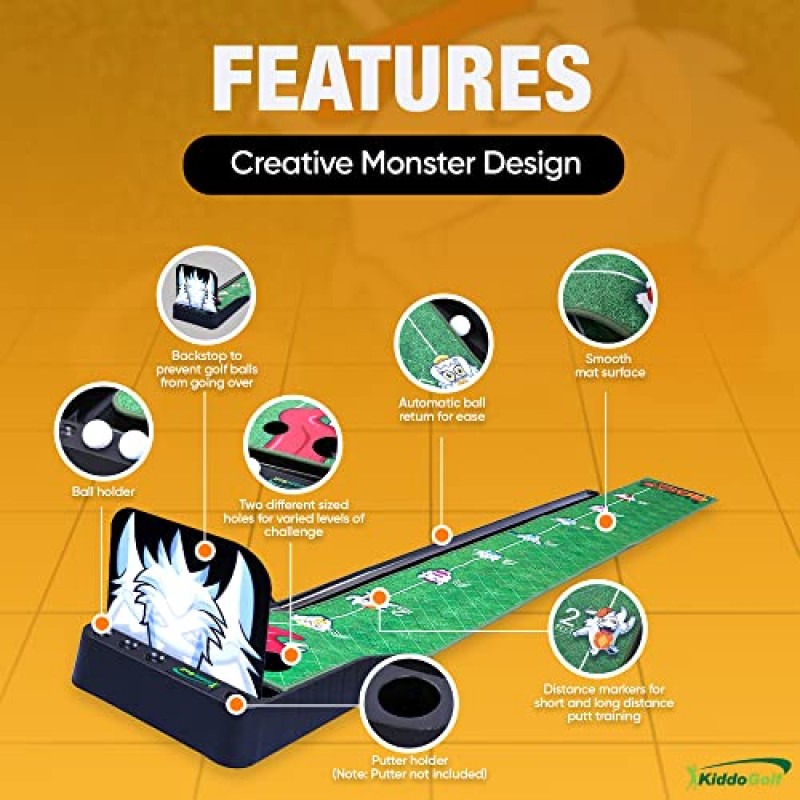 Back9 몬스터 골프 퍼팅 그린 매트(어린이 실내 및 실외 연습용) - 자동 볼 리턴, 거리 마커, 재미있는 미니 골프 코스 퍼팅 트레이너를 위한 2홀. 훌륭한 선물 아이디어