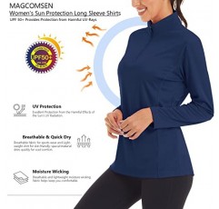 MAGCOMSEN 여성용 셔츠 긴 소매 1/4 지퍼 UPF50 + UV 자외선 차단 빠른 건조 운동 하이킹 운동 셔츠 래쉬 가드