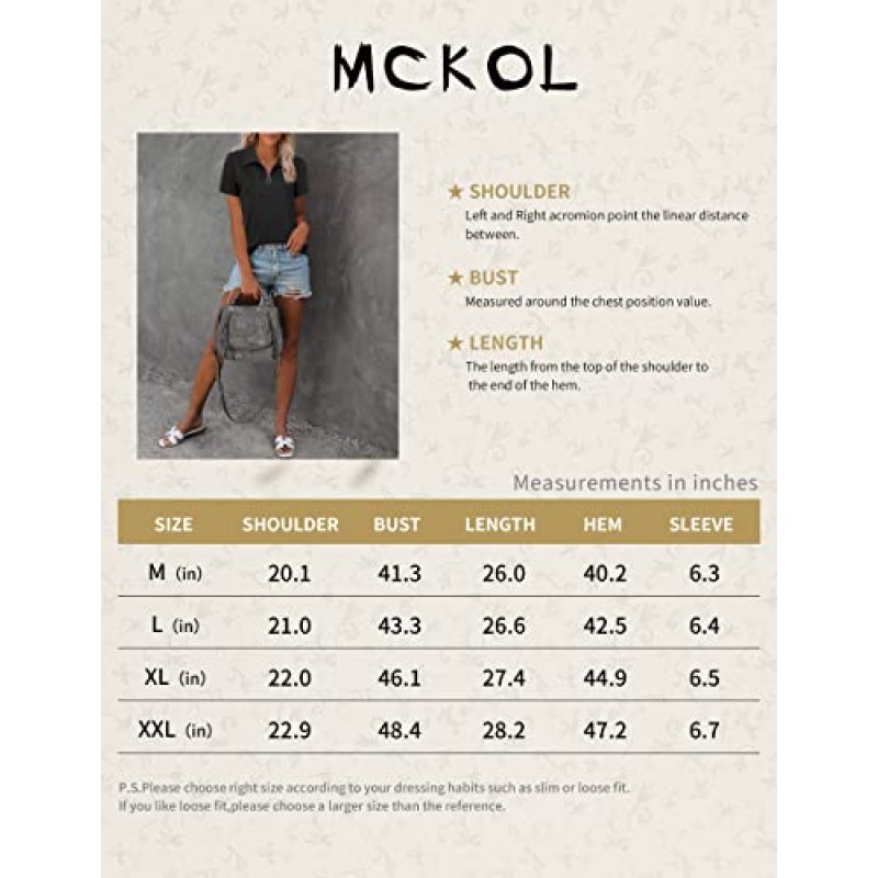 MCKOL 여성용 루즈핏 반소매 지퍼 탑과 블라우스 캐주얼 칼라 튜닉 셔츠