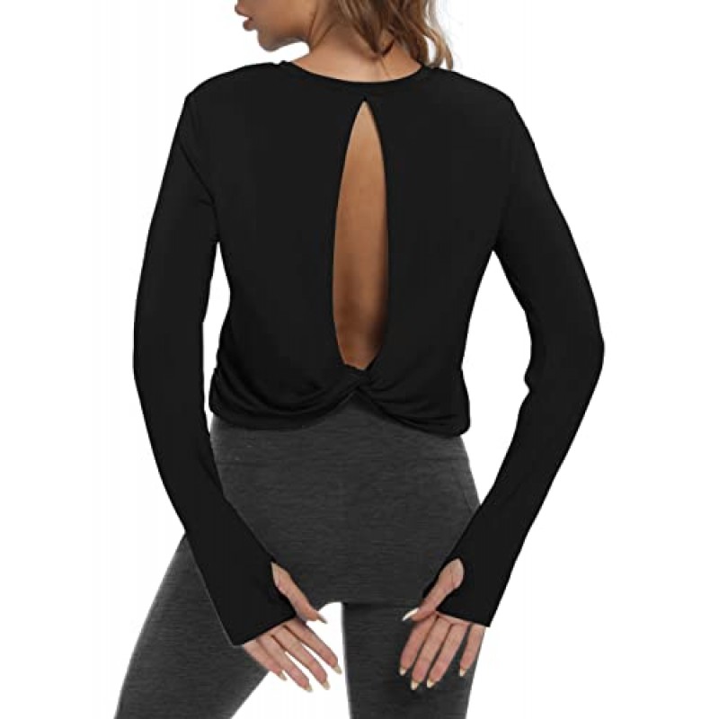 Bestisun 여성 긴 소매 운동 셔츠 오픈 백 요가 자르기 탑 운동복 댄스 체육관 여성용 자른 흐르는 스웨터