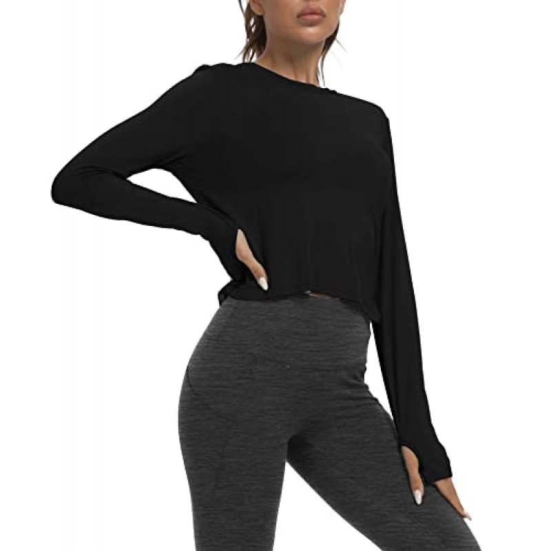 Bestisun 여성 긴 소매 운동 셔츠 오픈 백 요가 자르기 탑 운동복 댄스 체육관 여성용 자른 흐르는 스웨터