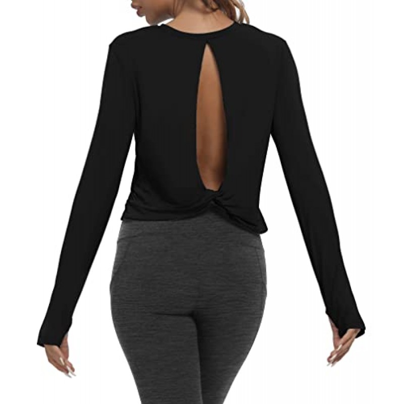 Bestisun 여성 긴 소매 운동 셔츠 오픈 백 요가 자르기 탑 운동복 댄스 체육관 여성용 자른 흐르는 스웨터