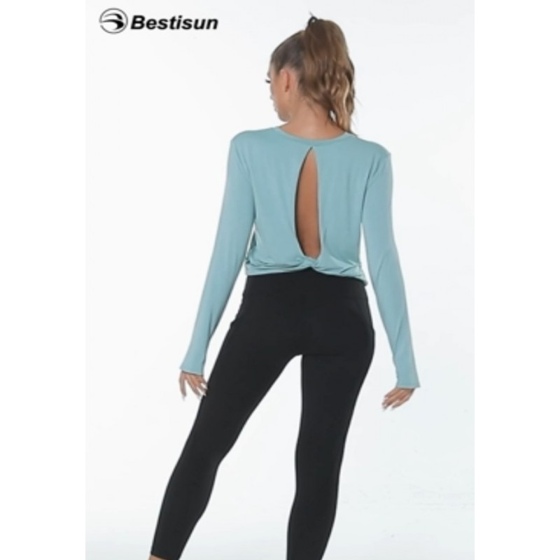 Bestisun 여성 긴 소매 운동 셔츠 오픈 백 요가 자르기 탑 운동복 댄스 체육관 여성용 자른 흐르는 스웨터