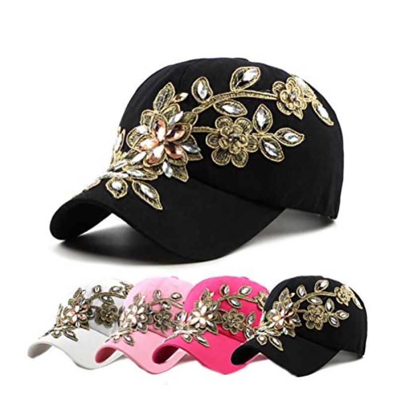 Gudessly Bling 여성 야구 모자 꽃 Snapback 라인 석 태양 모자 조정 가능한 데님 청바지 모자