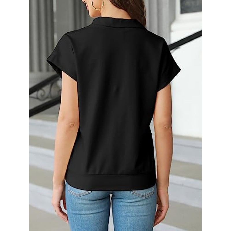 Fessceruna Womens Raglan 반소매 옷깃 스웨터 여름 루즈핏 지퍼 업 트랙수트 포켓이 있는 티셔츠