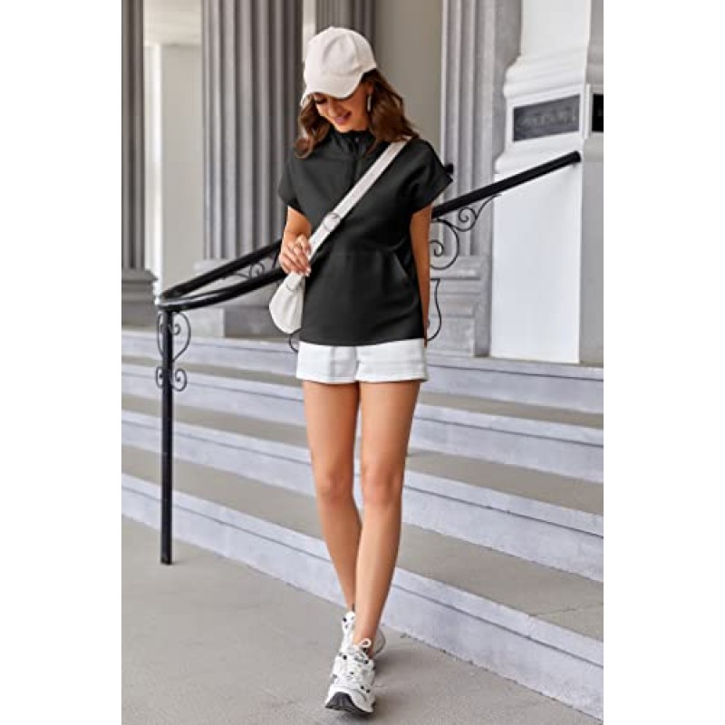 Fessceruna Womens Raglan 반소매 옷깃 스웨터 여름 루즈핏 지퍼 업 트랙수트 포켓이 있는 티셔츠