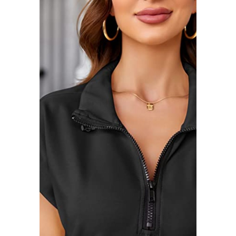 Fessceruna Womens Raglan 반소매 옷깃 스웨터 여름 루즈핏 지퍼 업 트랙수트 포켓이 있는 티셔츠